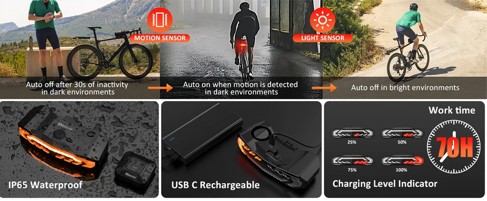 WSDCAM Smart Bike Tail Light with Turn Signals Bike Alarm Horn with Remote Rechargeable Waterproof Bike Rear Bike Brake Light