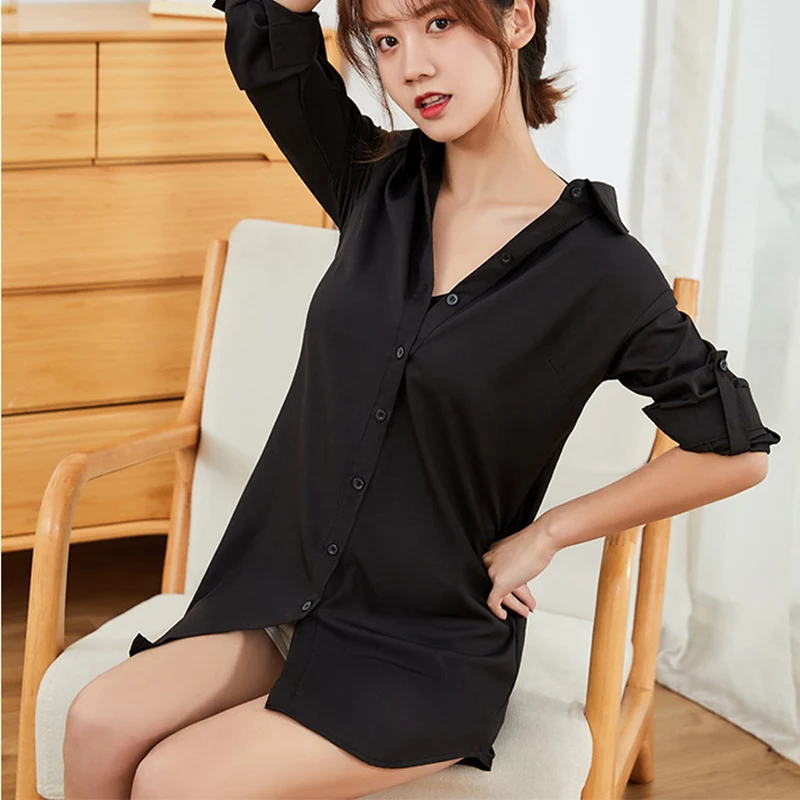 Camisas largas ajustadas para mujer, camisas de manga larga con cuello vuelto para primavera y otoño, blusas informales con botones de Color sólido para mujer