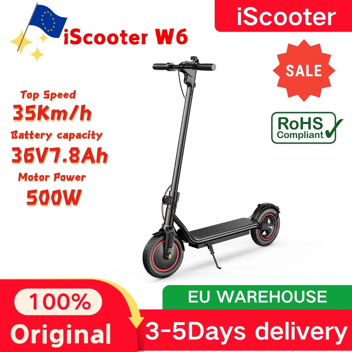 Iscooter W6 Elektrische Scooter voor Volwassenen 36V7.8Ah Batterij 30Km Bereik 35Km/u Max Snelheid 10 Inch Banden APP Besturing Opklapbare Schijfrem