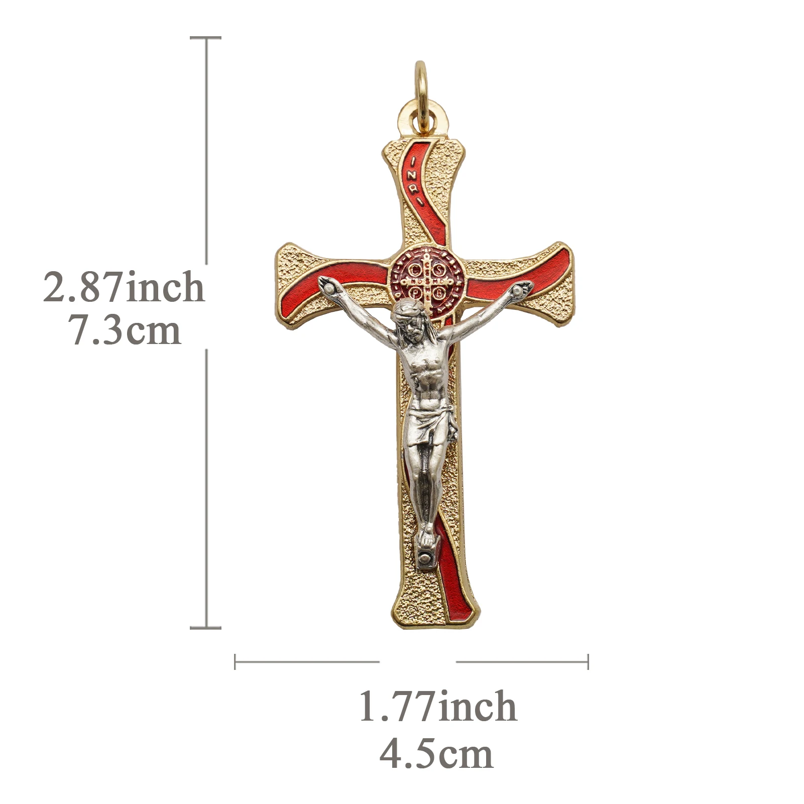 Saint Benedict Crucifix Pendant Red Blue Enamel Accent Silver & Gold Tone 2.87 x 1.77 Inch Catholic Cross Charm for Jewelry