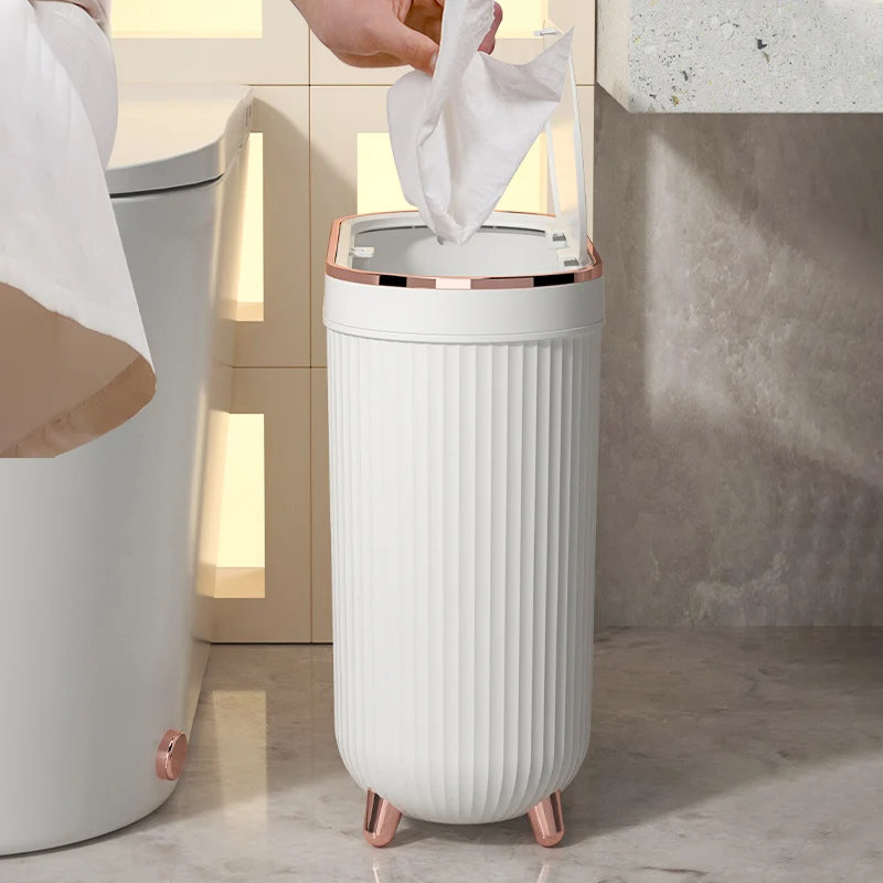 Nuevo Cubo de basura de prensa de lujo de 12L con pie para baño, cocina, inodoro, cubo de basura dorado impermeable con tapas