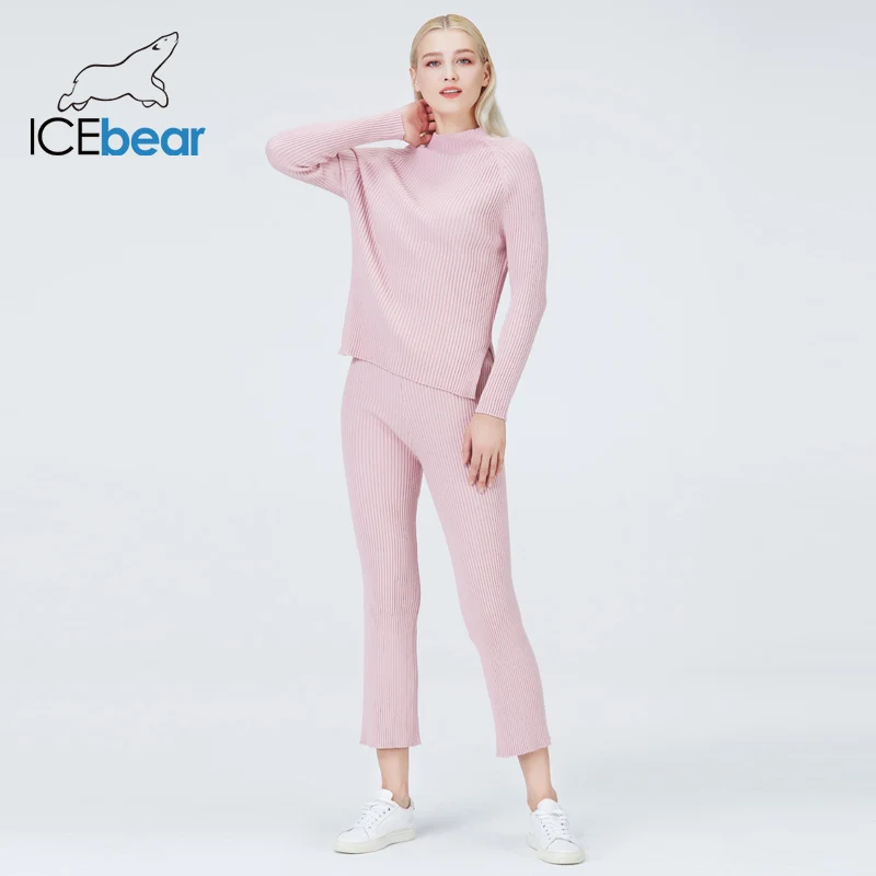 icebear 2022 fall female knitted tracksuit o-neck sweater casual suit winter knit pants sporting suit femme clothing NB-2322