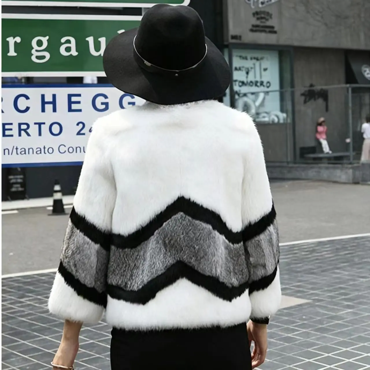 Ladies Black White Striped Genuine Leather Silver Real Fox Fur Short Coat Loose Luxury Fluffy Warm Streetwear Winter Outerwear