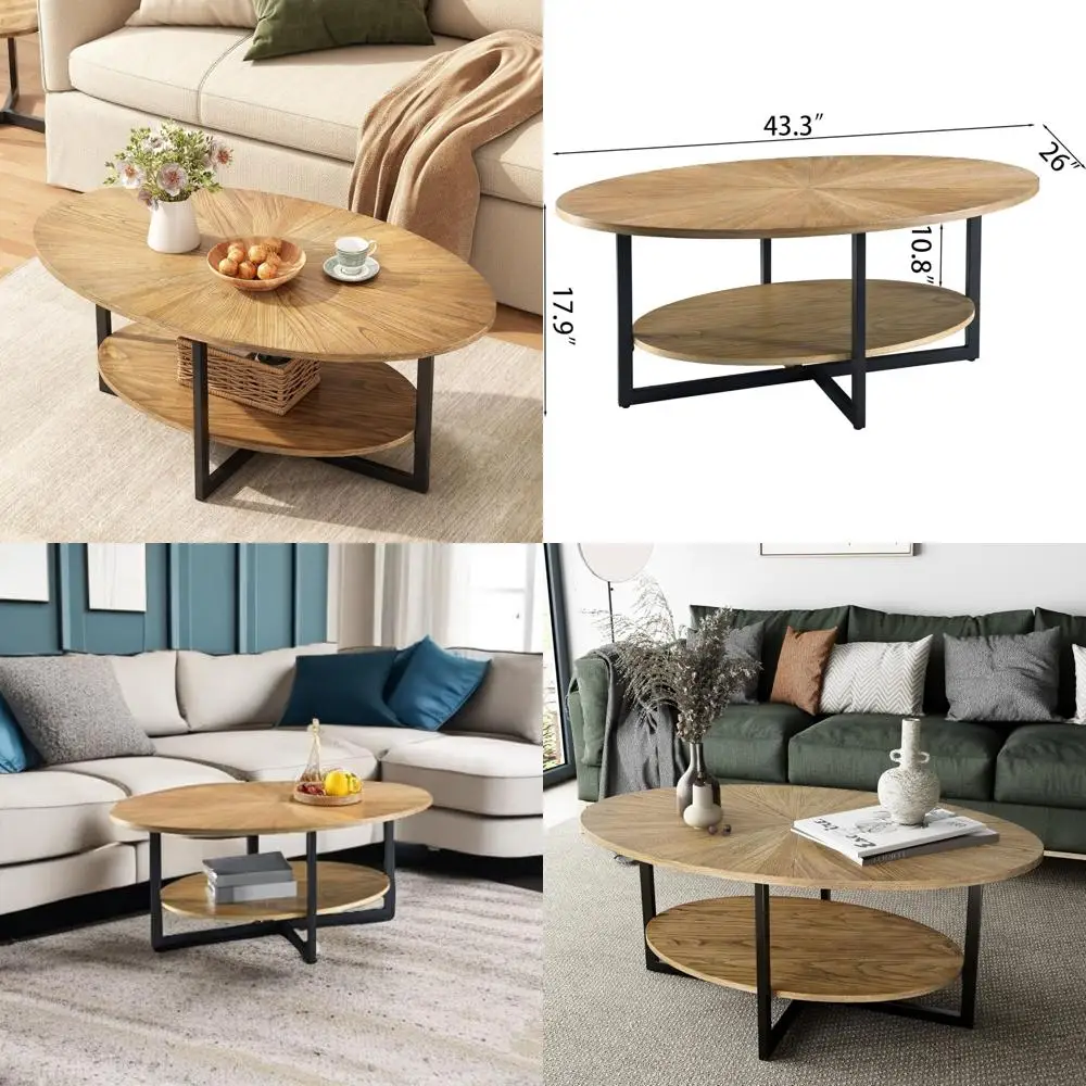 Modern Industrial Style Oval Coffee Table with Cross Metal Legs, 43.3 Open Shelf Center Table for Living Room