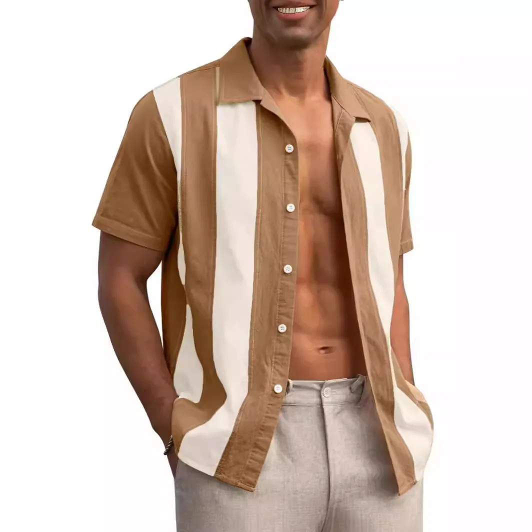 Summer Vintage Contrast Stripe Splicing Short Sleeve Shirt Men's Loose Casual Cuban Collar Shirt Tide