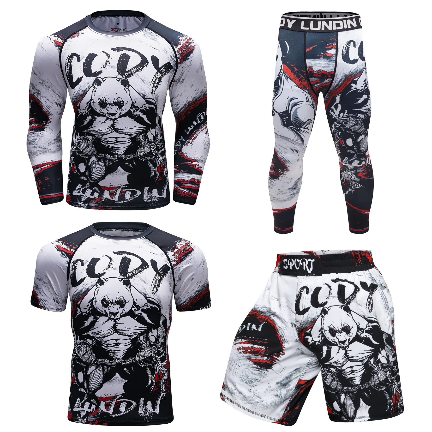 Cody lundin 3d brazilec jiu jitsu manto tričko + grappling kamaše box šortky 4 v 1 zápas sval rashguard pánské sada