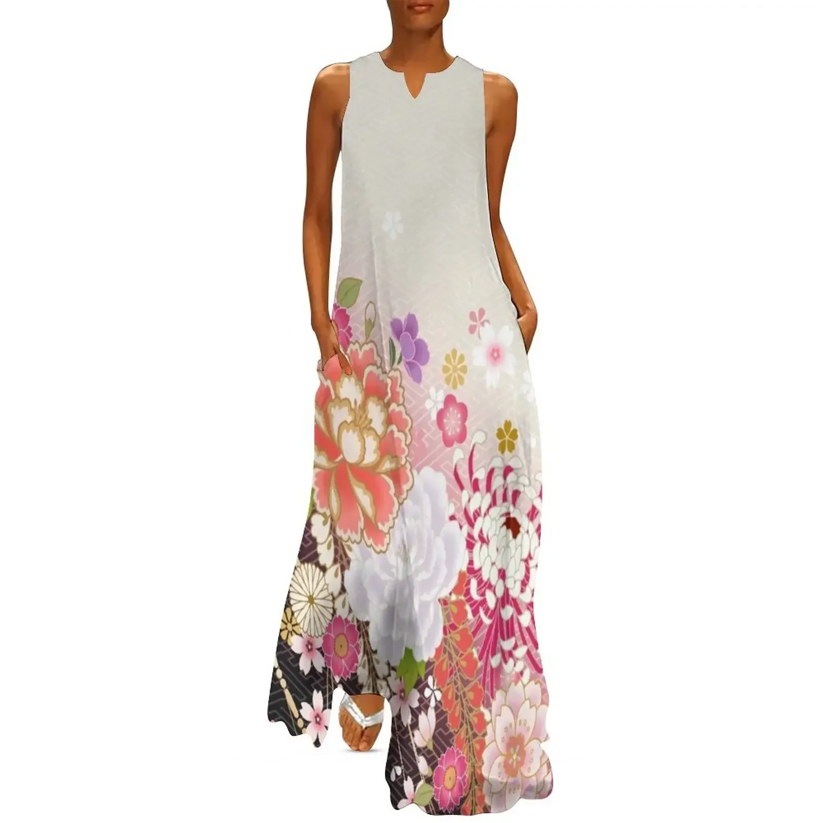 

kimono, peonies and Japanese chrysanthemums Long Dress fairy dress Dress