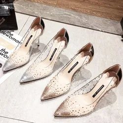 Scarpe da sposa tacchi alti donna 2024 nuova primavera estate cristallo netto strass rosso trasparente damigella d'onore tacco a spillo a punta