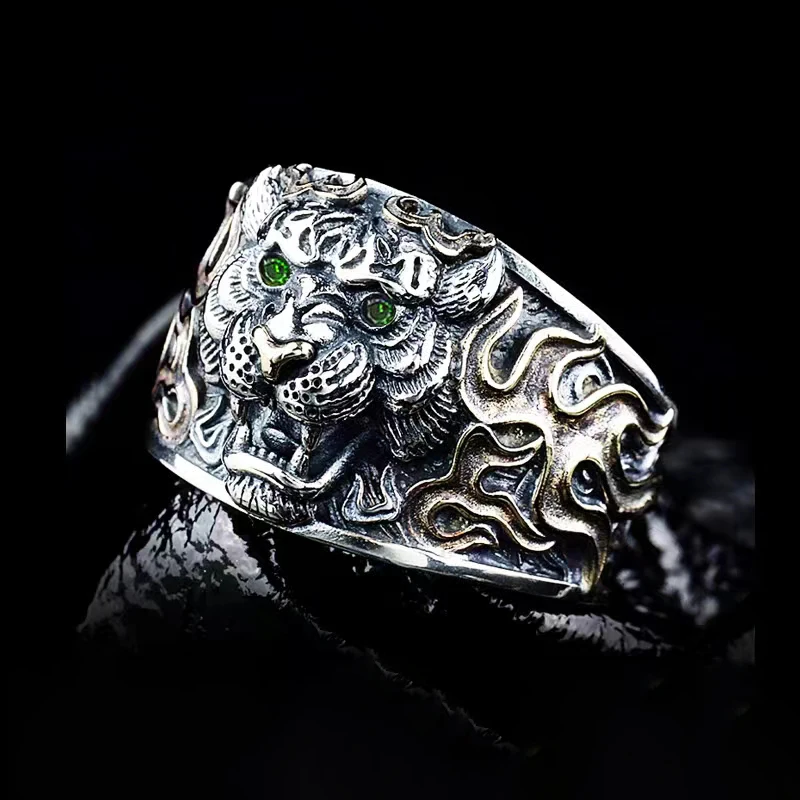 Domineering Green-Eyed Tiger Head Flame Pattern Open Ring Men's Punk Hip-Hop Rock Trend Jewelry Anniversary Gift