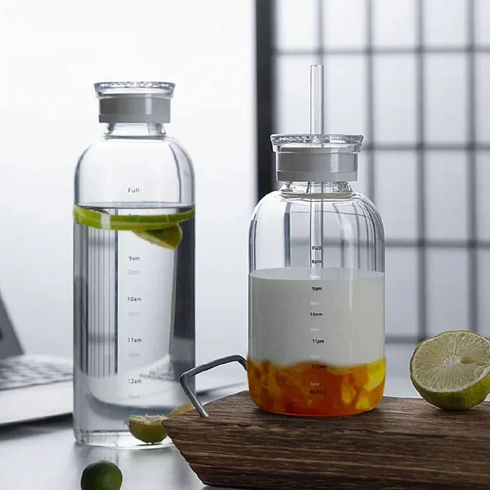 Bouteille d'eau en verre grande capacité 300/500/750 ml avec paille, 2 couvercles, transparente, style Kawaii, anti-fuite, pour café glacé, pour femme et fille