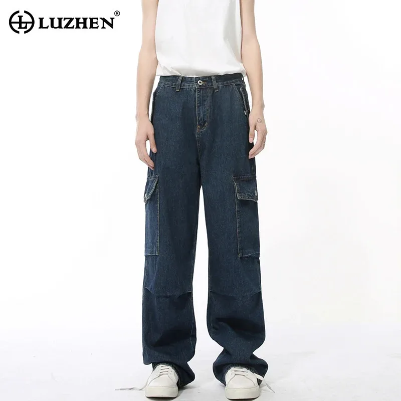 

LUZHEN Large Straight Pleated Denim Pants High Tube Quality Pocket Street Work Wear Male American Casual Jeans Wide Leg JY2474