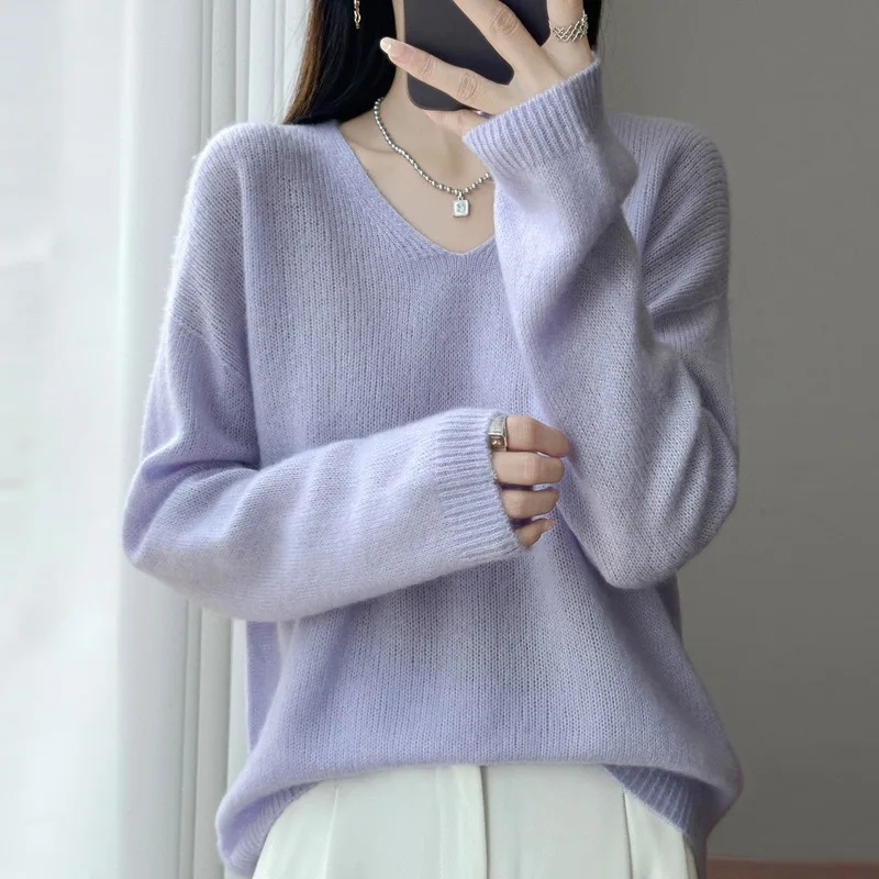 New Autumn Winter Ready-to-wear Woolen Base Layer Women V-neck Long-sleeved Solid Color Inner Layer Fashionable Versatile  Women