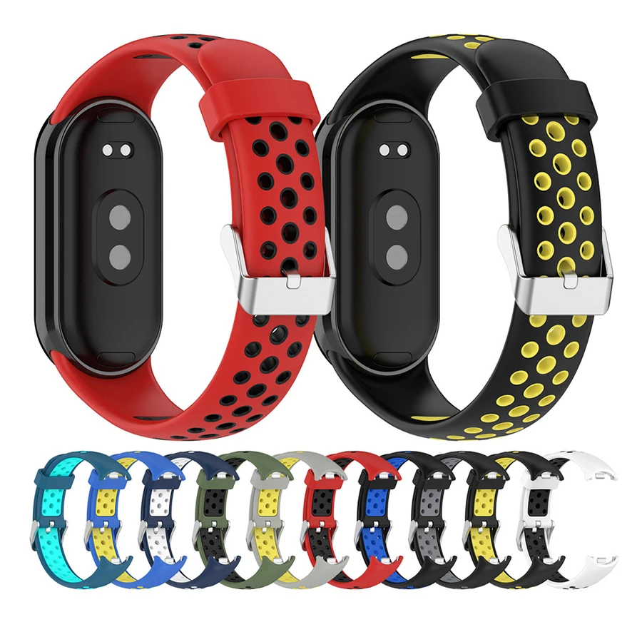 

Ремешок для Xiaomi Mi Band 3 4 5 6 7 8, силиконовый двухцветный дышащий ремешок для умных часов, сменный браслет для Miband 8 9 10