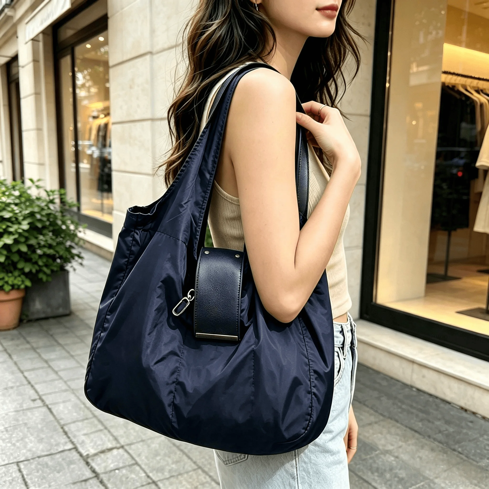 Faltbare Nylon-Tragetasche mit Schlüsselanhänger, Große Kapazität, Wiederverwendbare Einkaufstasche, Tragbare Schulterhandtasche für den täglichen Einkauf und Reisen – Detail 5
