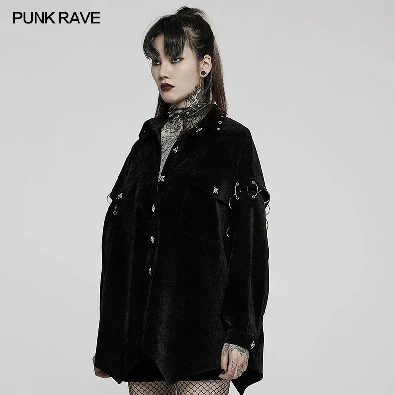 PUNK RAVE Women's Punk Decomposition Soft Velvet Loose Daily Shirt Fashion Casual Women Black Tops Shirts Autumn & Winter