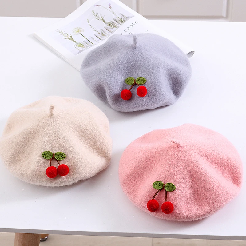 Spring Autumn Winter Girl British Painter Hat Female Wool Fashion Kawaii Red Cherry Women Beret Caps