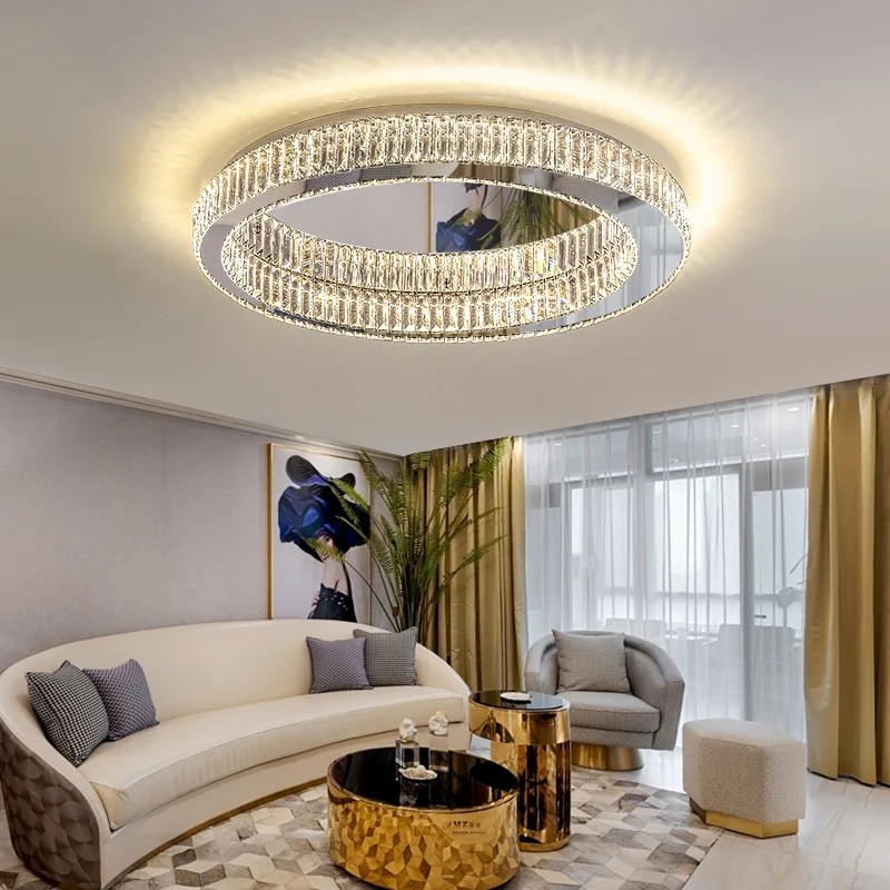 Modern Luxury Crystal LED Ceiling Light Living Room Kitchen Island Lamp Stainless Steel Round Chrome Ceiling Lighting Fixtures