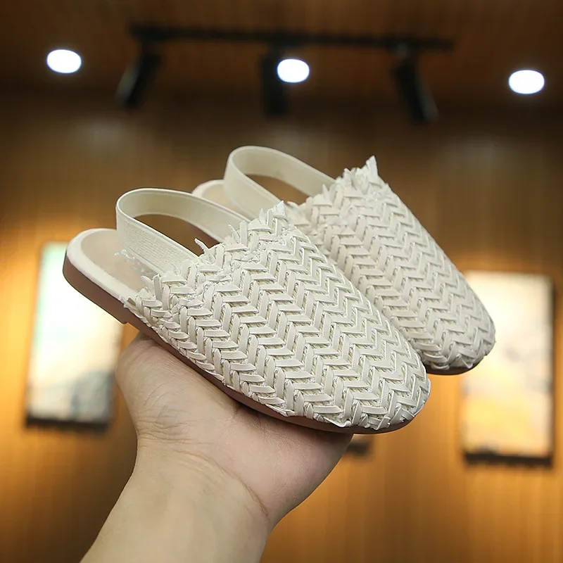 Girls Summer Shoes Weave Knitted Design Children Flat Shoes Kids Summer Sandals Princess Sweet Soft Fashion 2 in 1 Slippers Cute