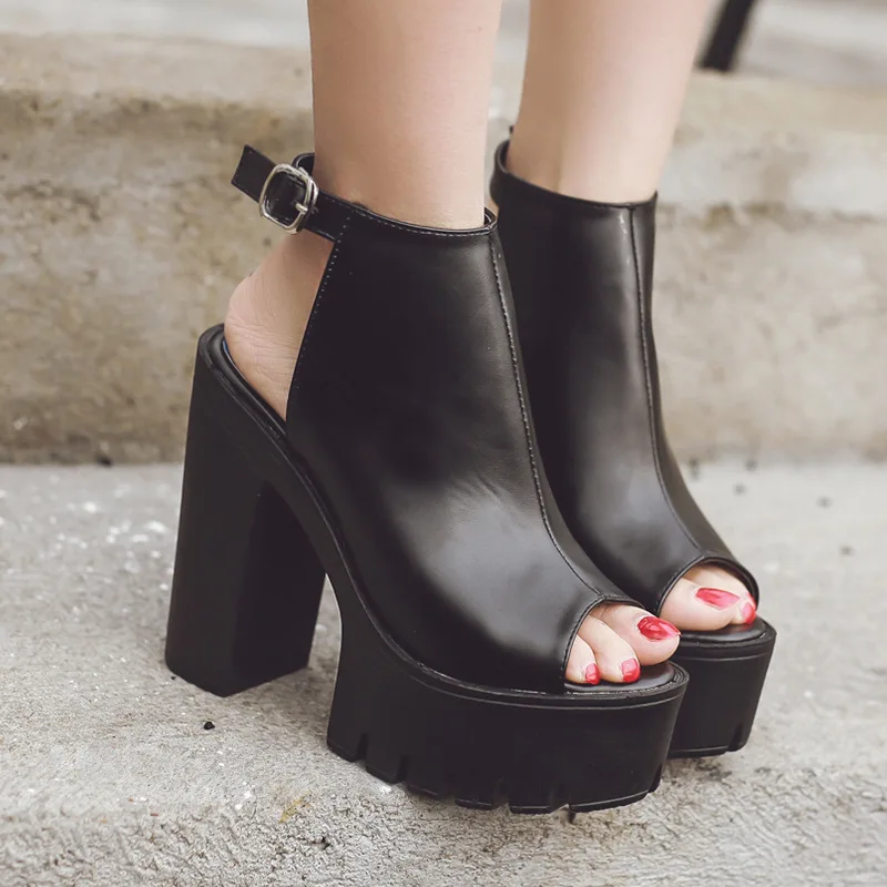 

Черные женские босоножки на платформе с открытым носком на массивном каблуке в стиле панк, уличные босоножки на высоком каблуке, увеличивающие рост, женская обувь