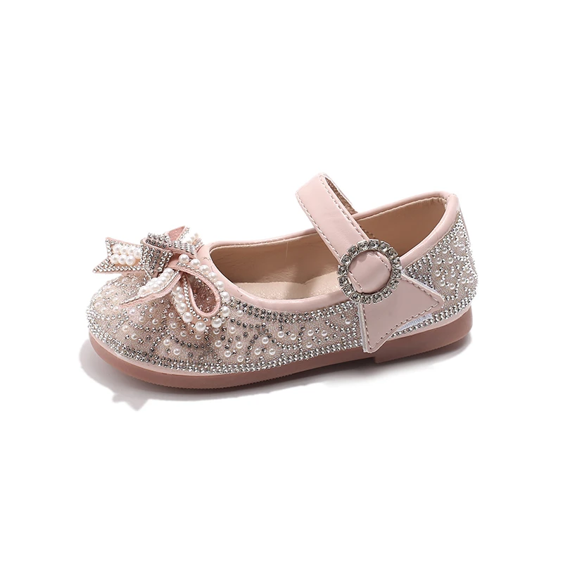 2024 Princess Kids Leather Shoes for Girls Casual Glitter Children Low Heel Girls Shoe Beaded Butterfly Knot Pink Silver