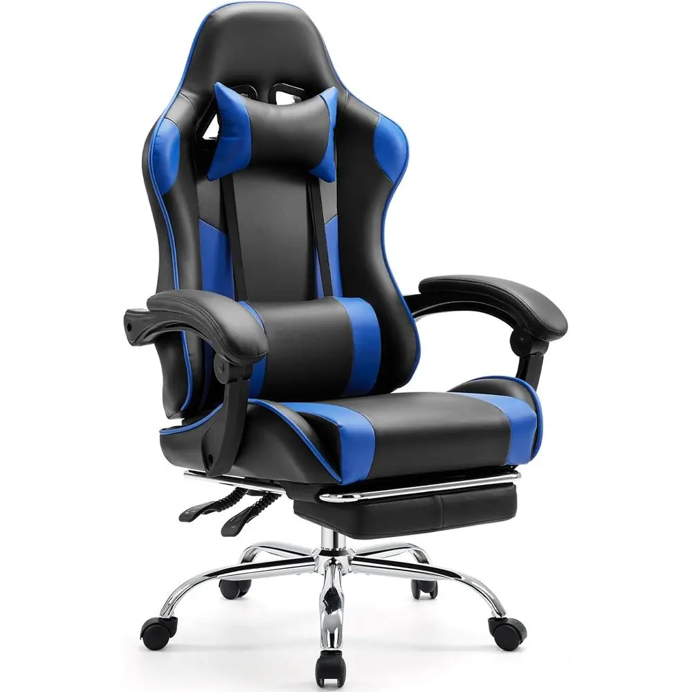 Ergonomic PU Leather Gaming Chair with Footrest, Lumbar Support, Swivel, and Adjustable Armrests, Blue