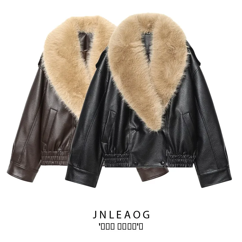 

JNLEAOG Autumn New Women's Faionable Detachable Collar Faux Leather Jaet Outerwear Versatile Long Sve Stand Fit