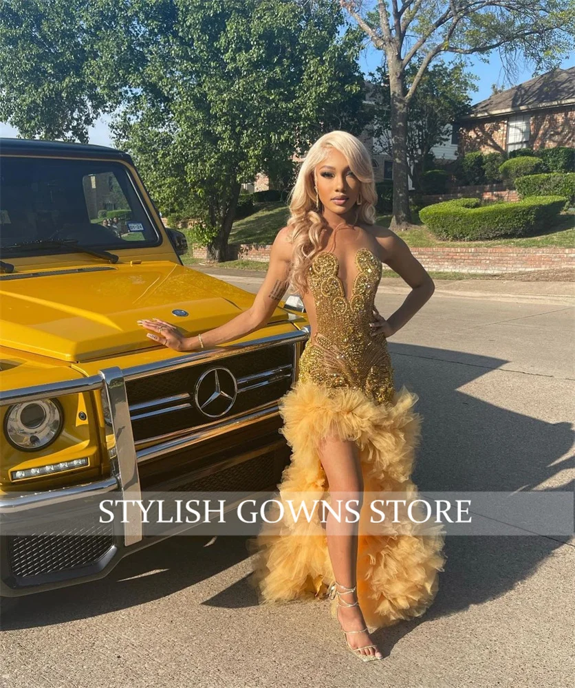 Luxury Gold Long Prom Dresses Black Girls 2026 Rhinestone Bead Ruffles Birthday Pageant Party Gowns High Slit Customized