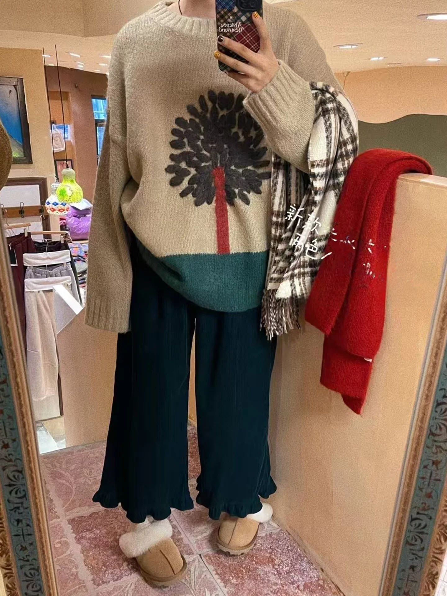 

Autumn Winter Vintage Red Beige 3D Tree Pattern round Ne Sweater plus Size Women's Faion Comfortable Fit Embroidered Long...