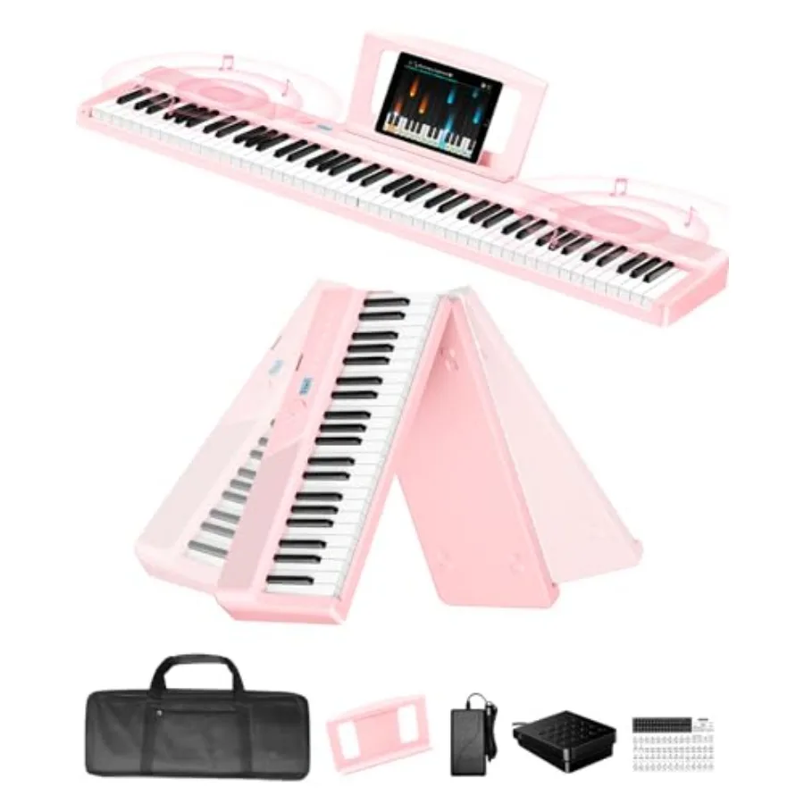 

Foldable 88 Key Weighted Keyboard Piano with Pink Finish 2×15W Speakers Touch-Sensitive Panel Video Audio Recording Headphone M