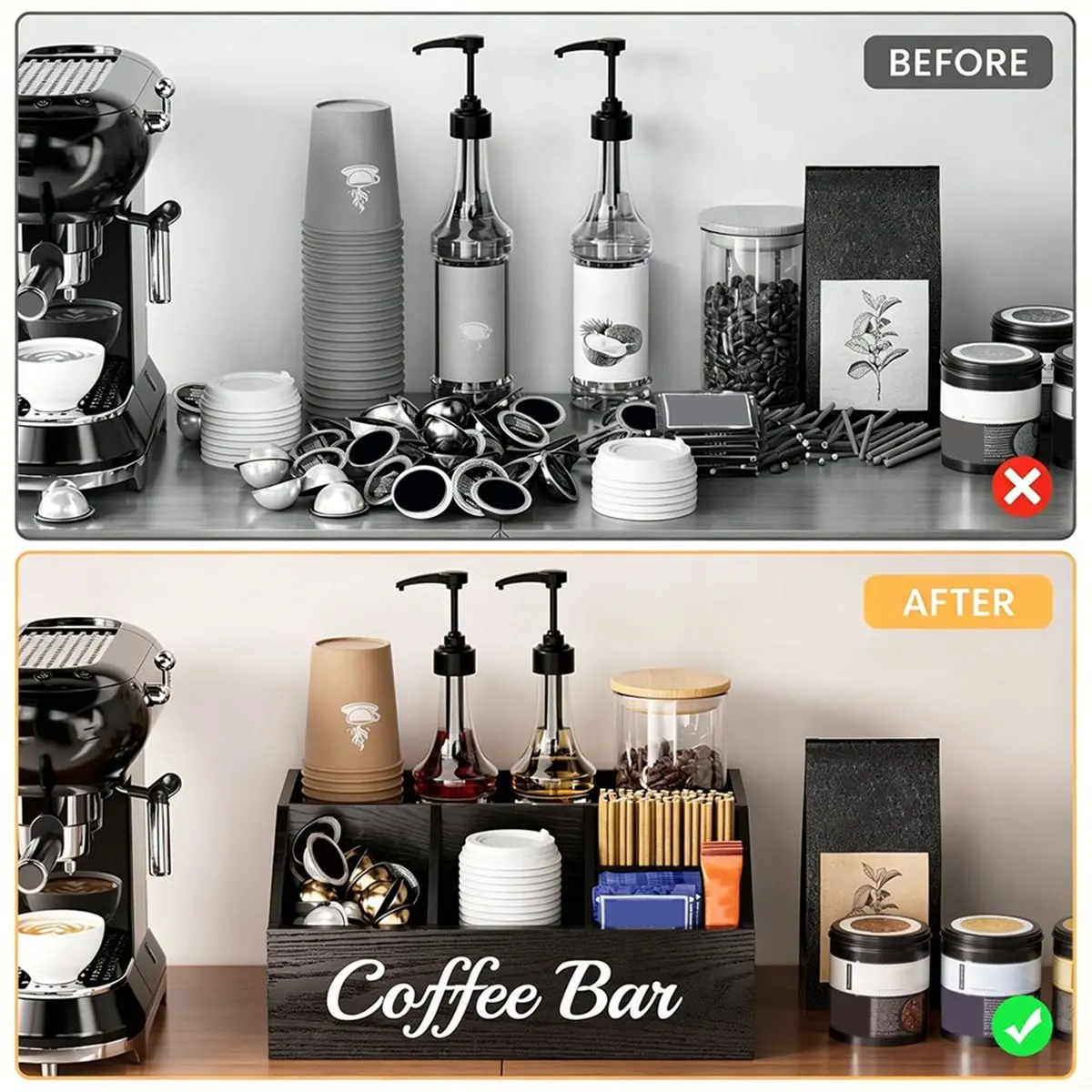PHONE&GEAR Coffee Station Organizer for Countertop Wooden Coffee Bar Organizer with Adjustable Dividers for Kitchen