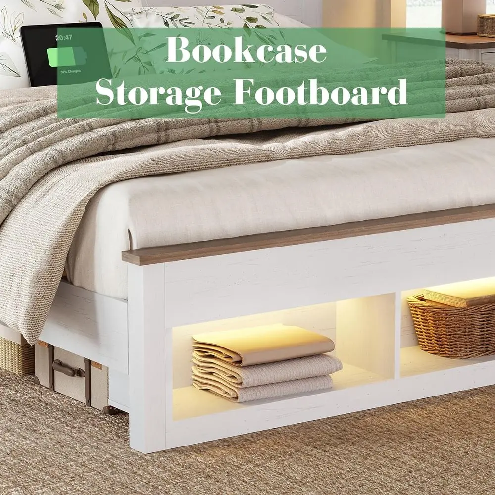 سرير تخزين بحجم كوين مع خزانة كتب ولوح للقدمين ودعم شريحة خشبية - إضاءة LED بدون ضوضاء، لا يتطلب صندوق زنبركي، أبيض #6