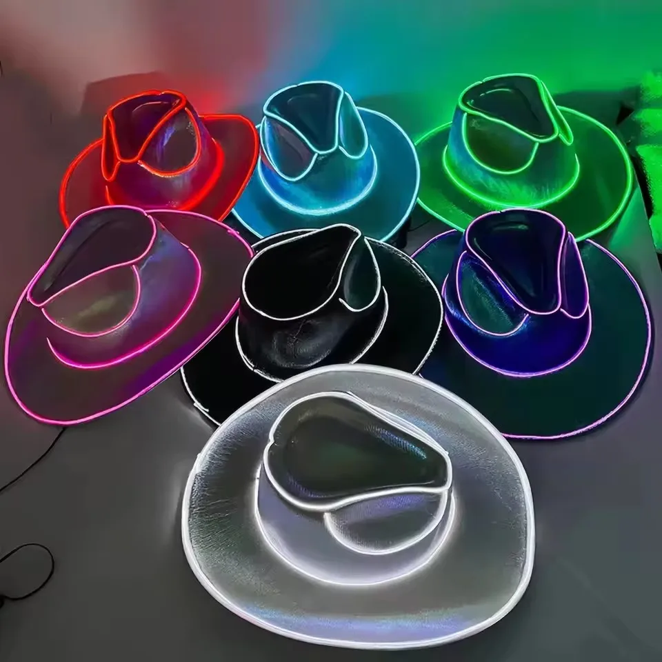 Lights Cowboy Cowgirl Hat with LED Light Up Cap Luminous Western Cowboy Hat Pearlescent Cowgirl Hat for Dancing Party Dress Up view 3