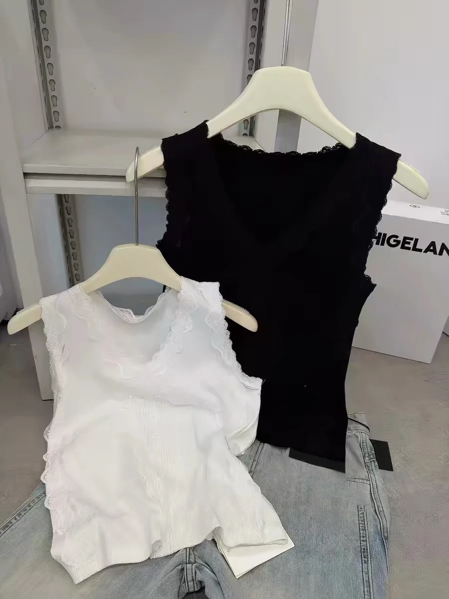Lace Trim Sleeveless V-Neck Cotton Blend Tank Top Women's Summer Loose Fit Base Layer Shirt plus Size Outerwear Inner Wear