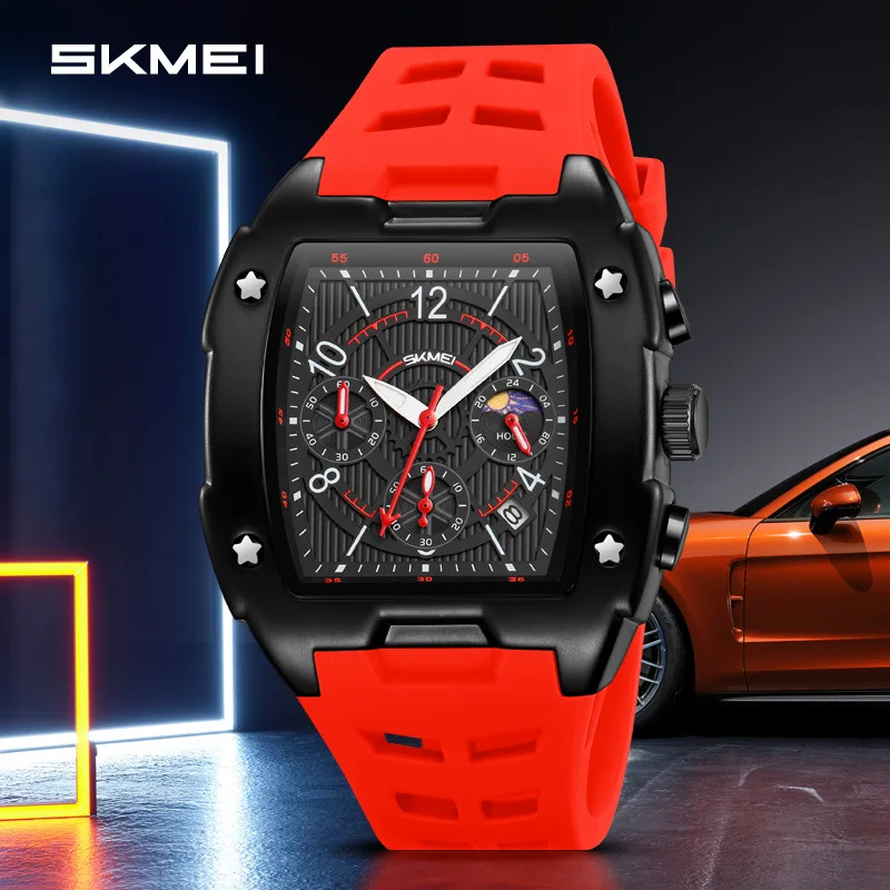 SKMEI multifunctional three-eye six-hand moon phase quartz watch, men's business trendy sports personalized barrel-shaped watch