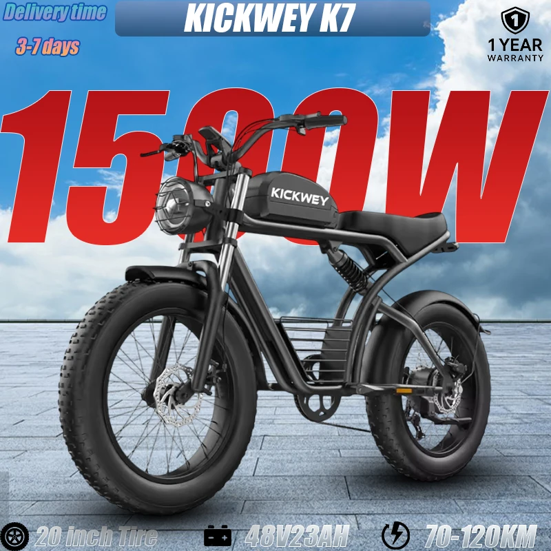 

K7 Electric Motorcycle 1500W Motor 48V23AH Battery Electric Bicycle 20*4 Inch Fat Tire Double Shock Absorber All Terrain E-Bike