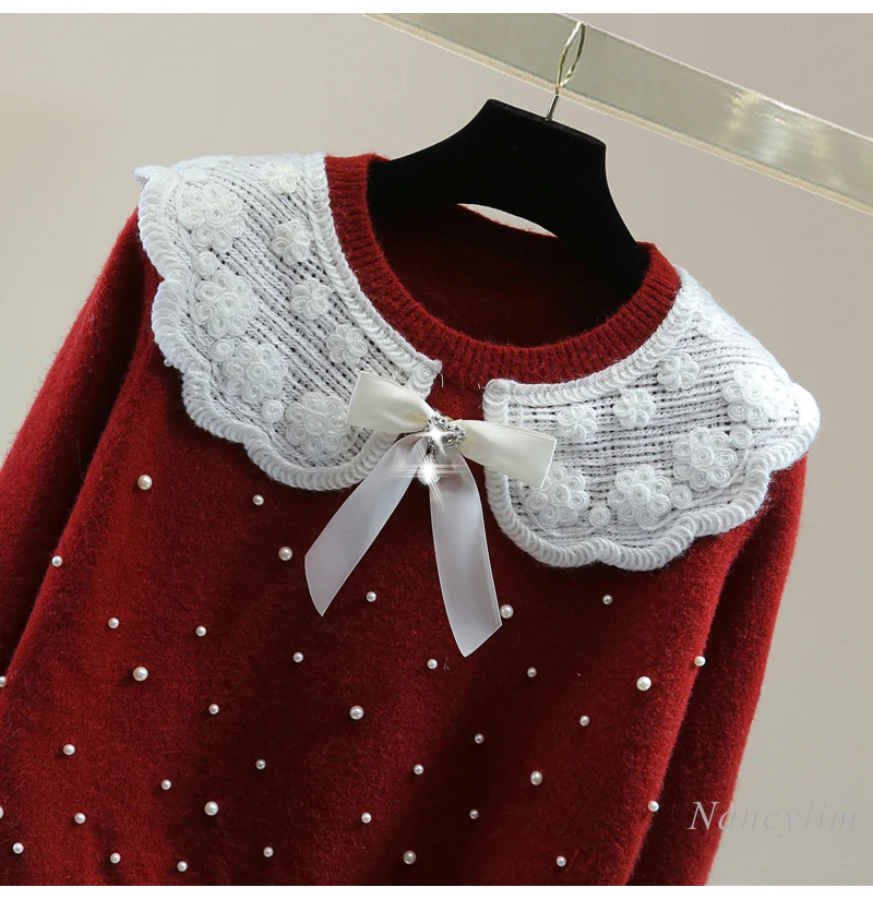 Luxury Bead-encrusted Diamond Crew Neck Knitted Sweater Women Spring High Waist Short Bow Color Matching Long Sleeve Sweaters