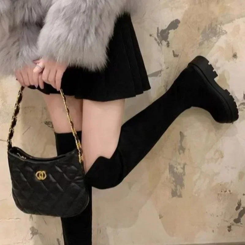 Women Flats Shoes Platform Pleated Chelsea Over The Knee Boots 2024 Winter Trend New Gladiator Suede Boots Goth High Sock Botas