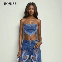 ROMISS Sexy Backless Slimming Denim Heart Short Vest For Women Strapless Sleeveless Design Sense Vintage Tanks Top Female