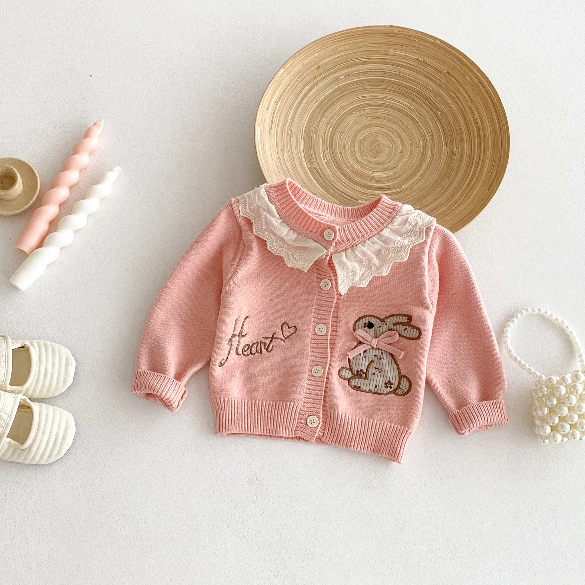 Spring and Autumn 2026 New Style Girl's Embroidered Rabbit Knitted Coat, Round Neck Sweater, Cardigan Coat