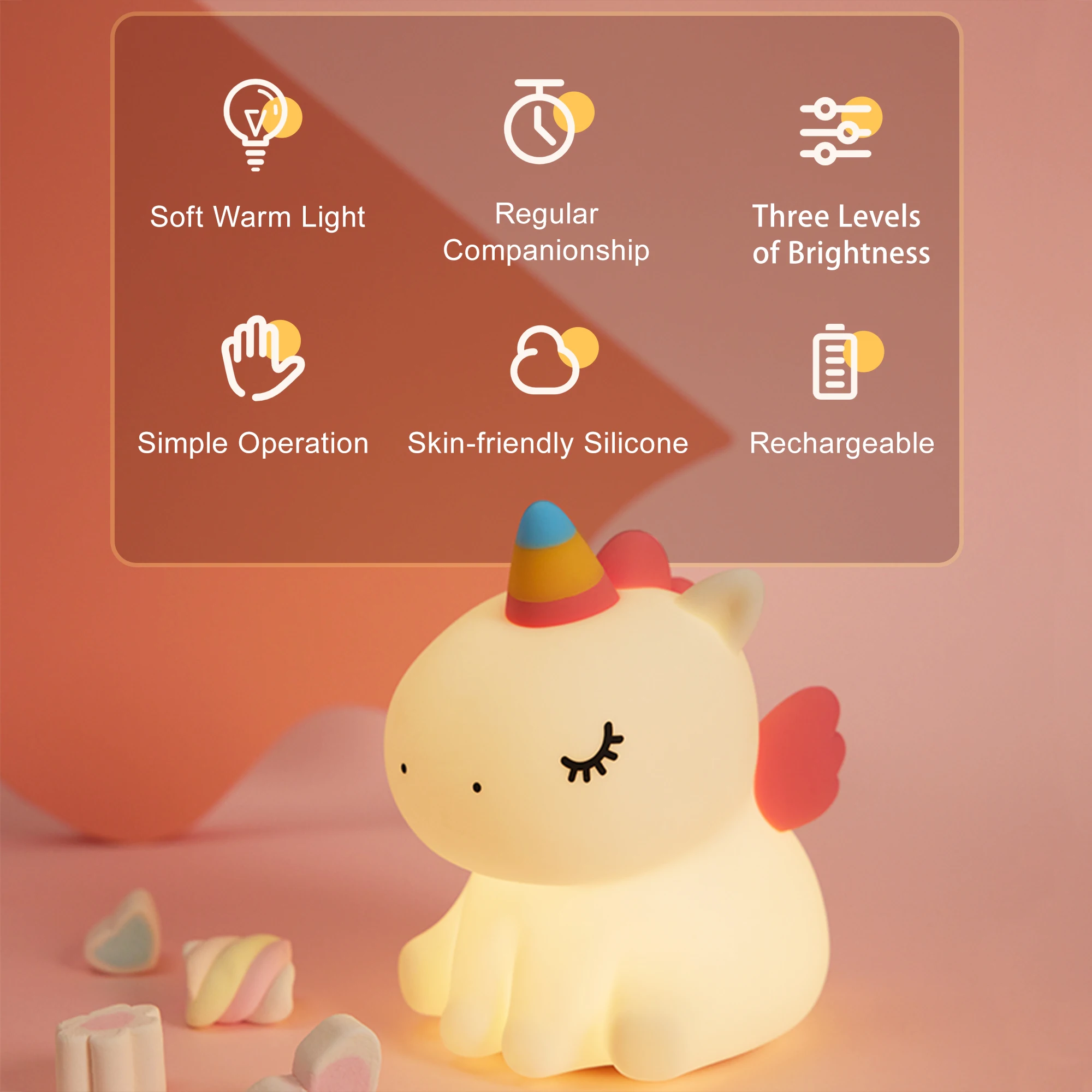 Bonita luz nocturna de unicornio para niños, luz nocturna de silicona para guardería, lámpara LED regulable de unicornio blando, lámpara de noche recargable