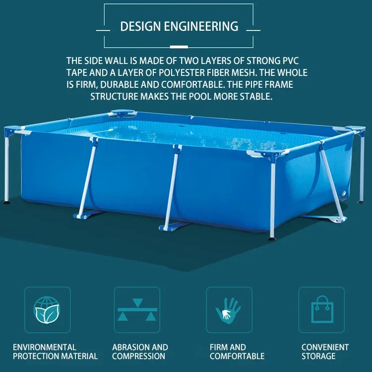 Piscina plegable rectangular para niños, marco de acero cuadrado de gran espacio, equipo de reacción al aire libre, PVC familiar, 2024