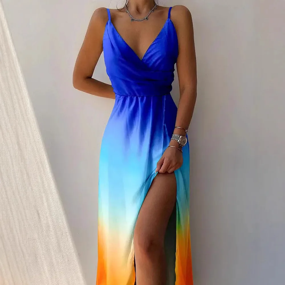 Casual Camis Dress Sleeveless Spaghetti Strap Sexy Women's Swinging Dress V-neck Sexy Slim Fits High Waist Summer Long Dress