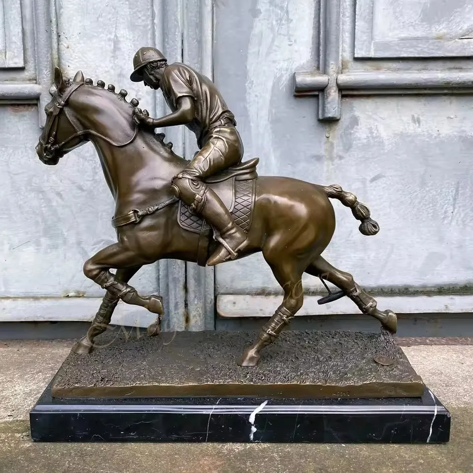 Real Bronze Polo Sport Statue Handicrafts Sculpture Marble Base for Home Office Decoration Large