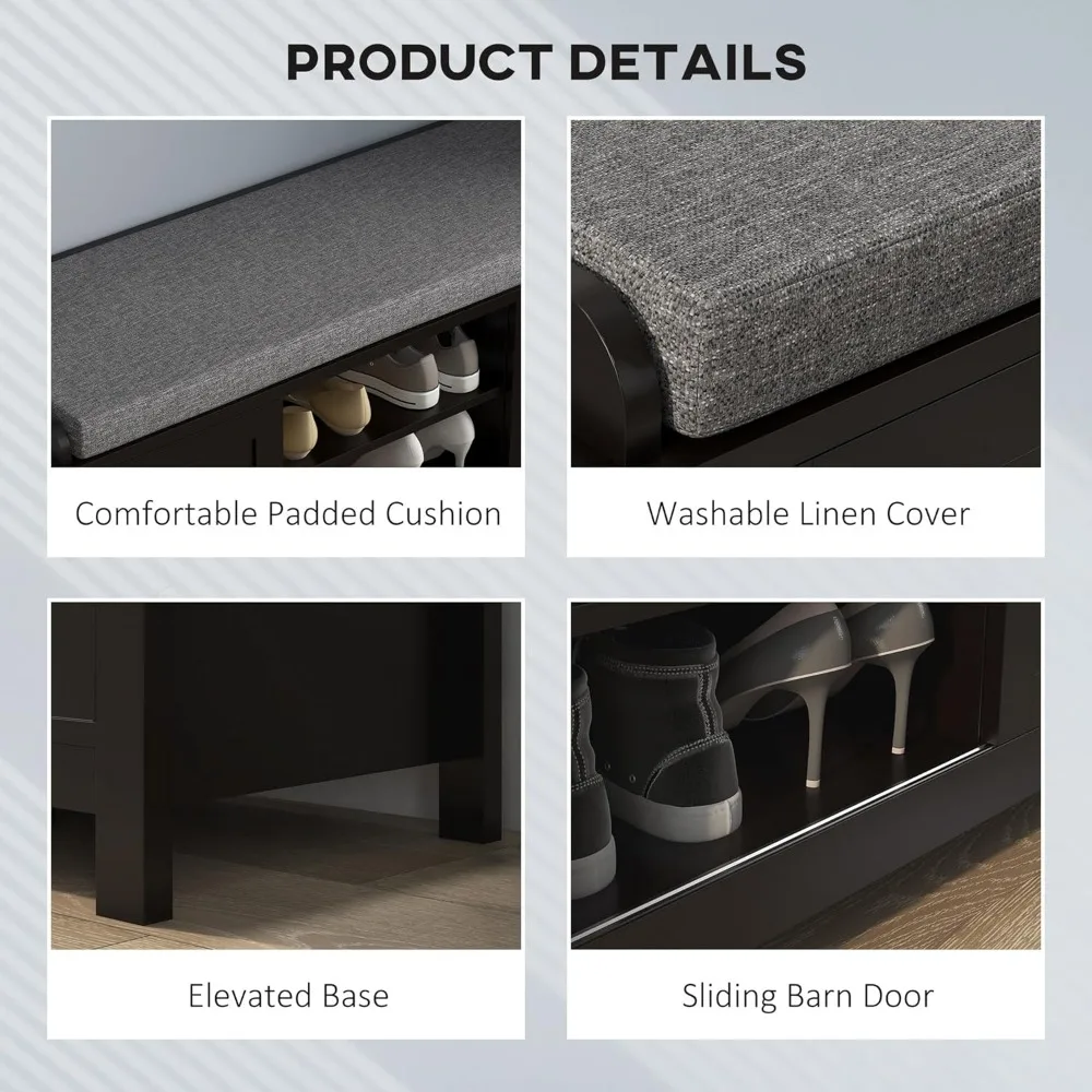 مسند تخزين مقعد الأحذية في المدخل مع أبواب منزلقة، رفوف قابلة للتعديل، 6 حجرات، ومقعد مبطن، يحمل 10 أزواج، B