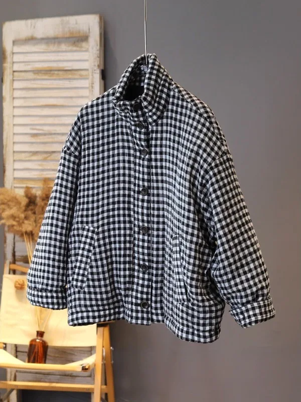 

Retro Plaid Stand Collar down Cotton Jaet Women's Winter New Sle Loose Fit ort Thiened Casual Korean Version Coat
