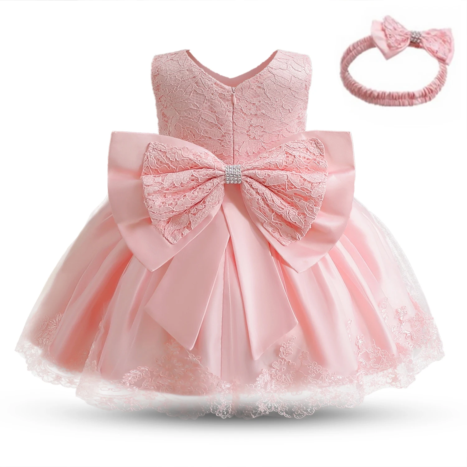 Baby Girls Embroidery Lace Princess Dress Cute Bow 12 Months Infant Baptism Gown 1st Birthday Party Christening Tutu Dress