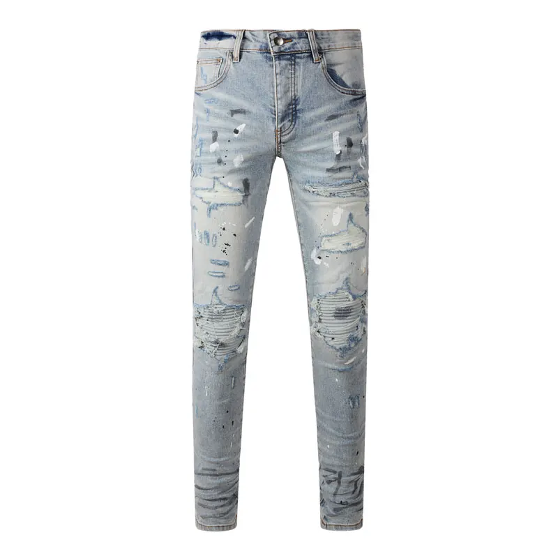 

Street Fashion Men Jeans Retro Light Blue Stretch Skinny Fit Painted Ripped Jeans Men Patched Designer Hip Hop Brand Denim Pants