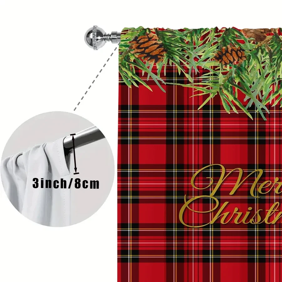 2PCS Red Plaid Christmas Curtains, Pine Cone Branch Golden Merry Christmas Text, Rustic Holiday Window Drapes for Bedroom Living