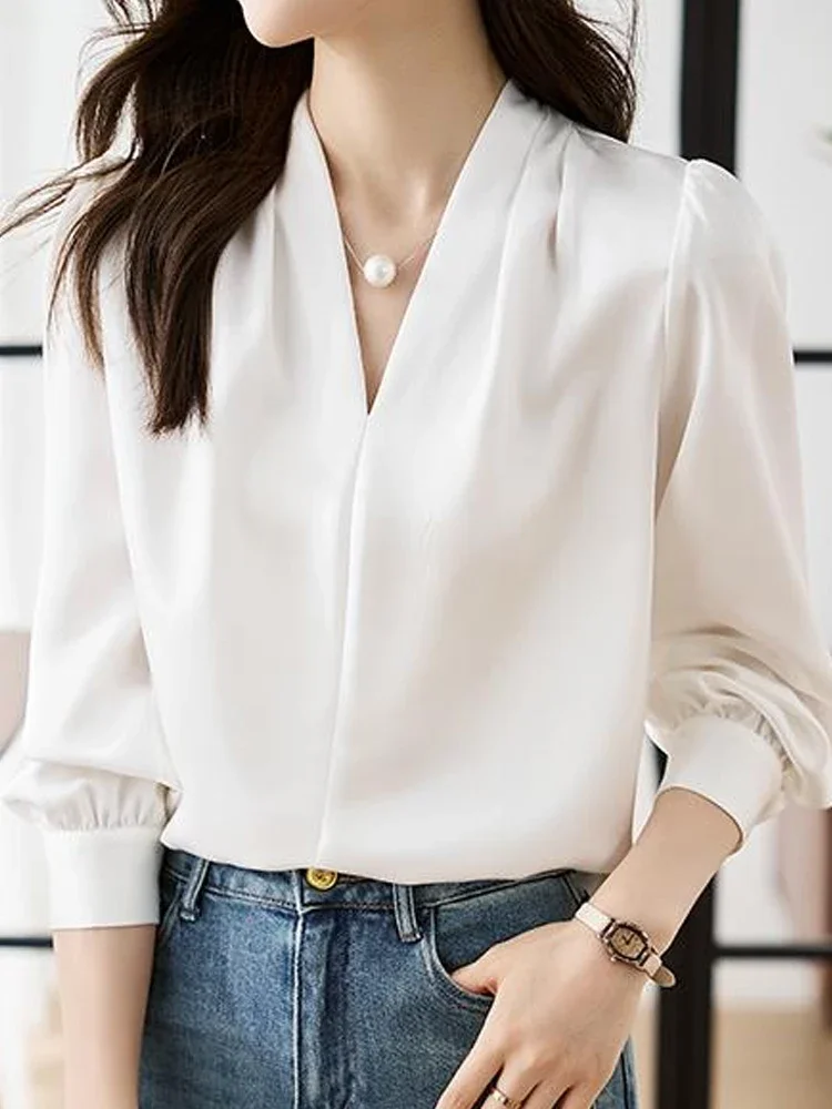 Office Lady V-Neck White Chiffon Long Sleeve Blouse Women Blouse Shirt Women Tops Blouses Blusa Blusas Mujer De Moda 2024 G794