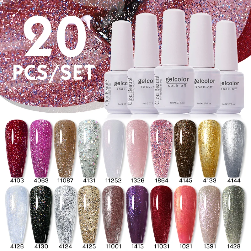 

Clou Beaute 8ml Gel Polish Set Kit 20 Colors Nail Primer Semi Permanent Vernis UV Nail Art Nail Hybrid Gel Varnish Glitter